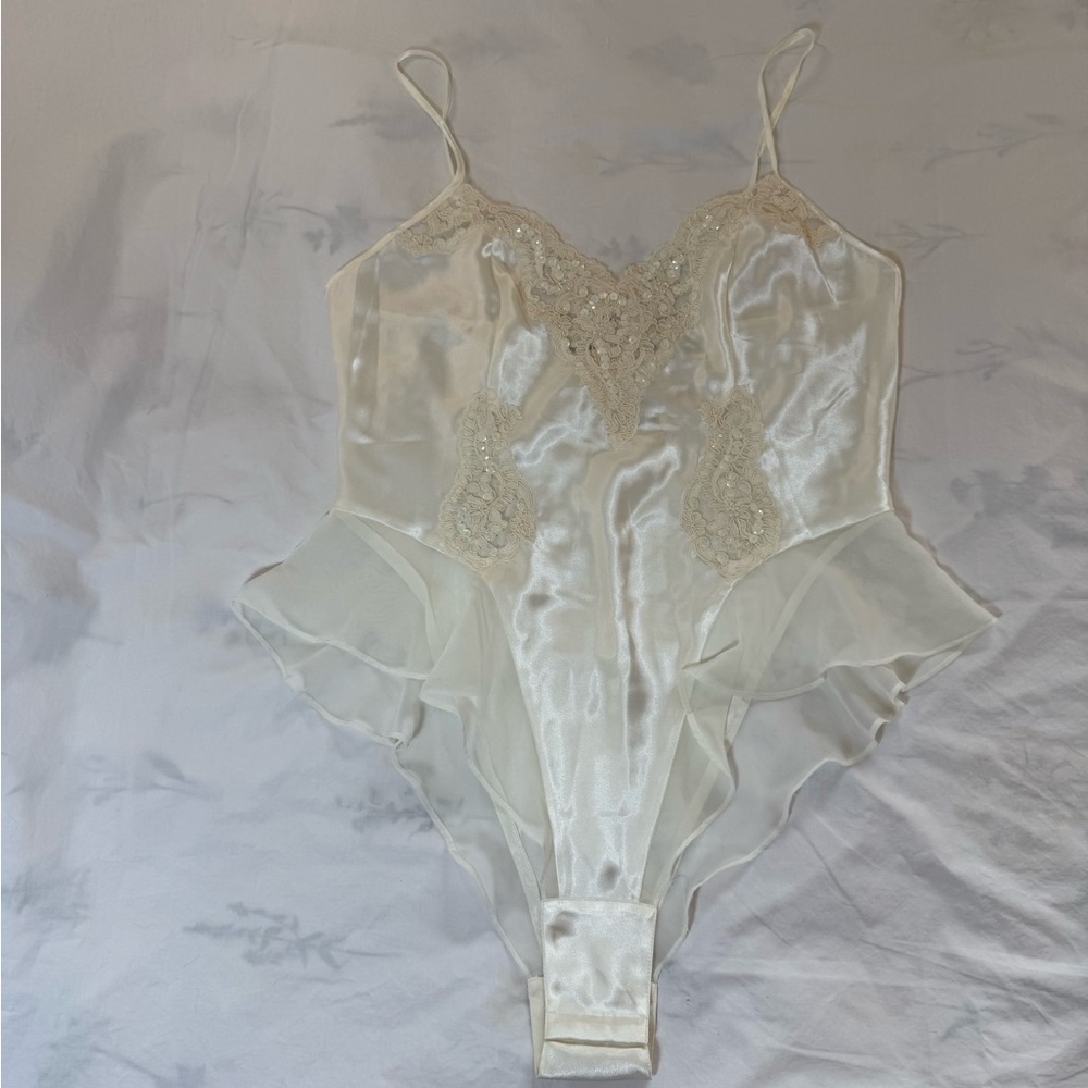 Victoria's Secret Ivory Satin Lace-Trim Chemise Bodysuit